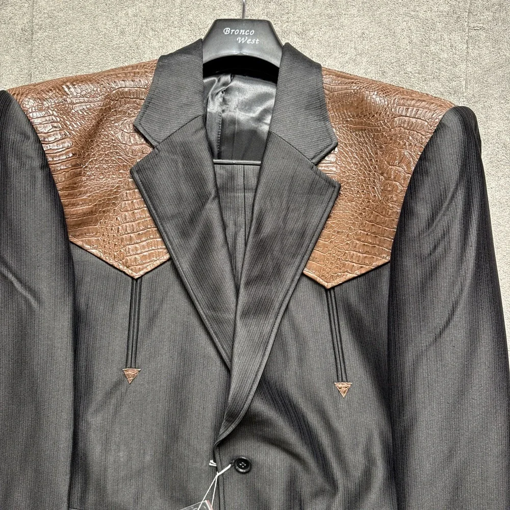 70s Vtg Maximos Suit Mens‎ 46/36 Black Brown Western Point Yoke Rockabilly Prom